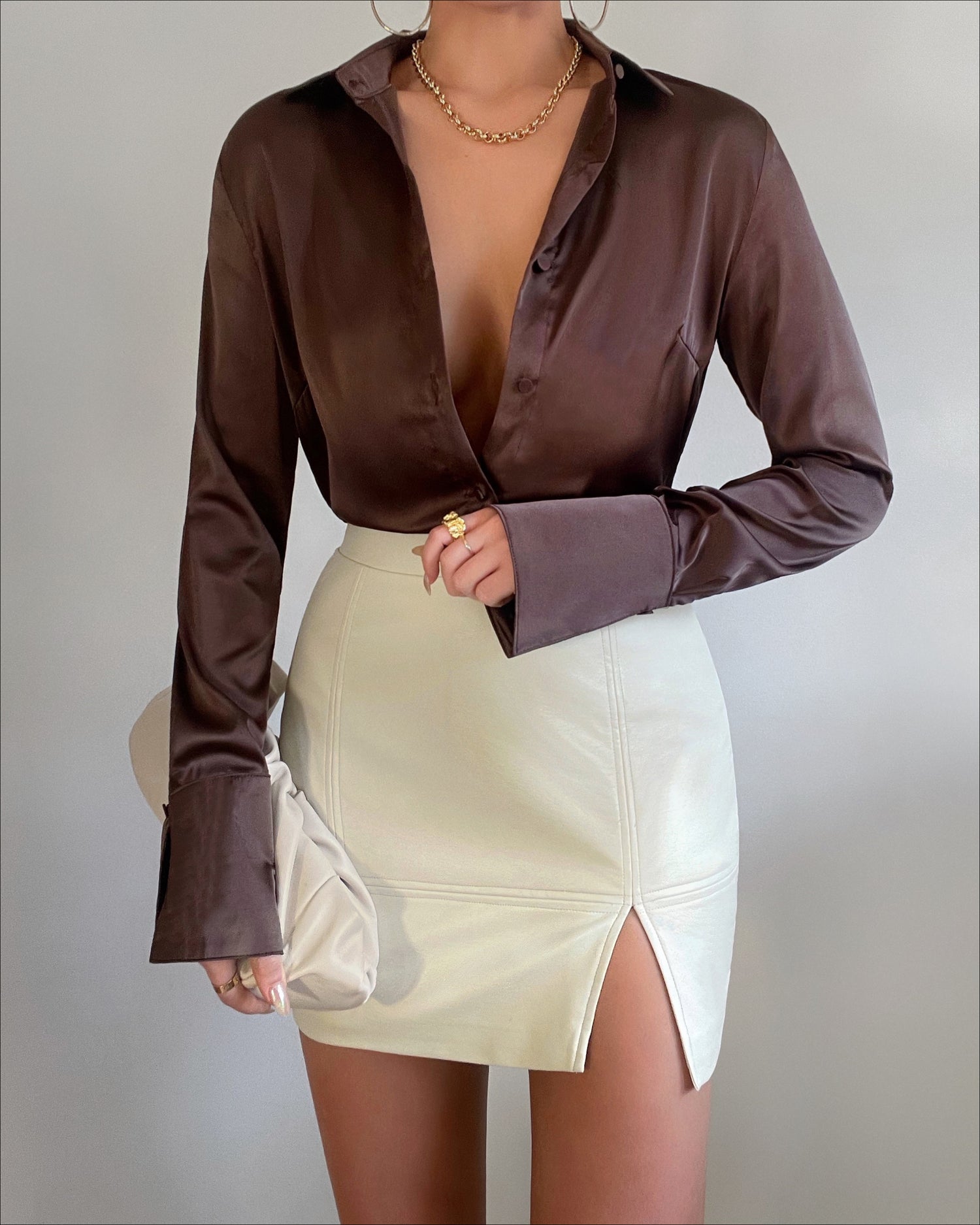 chocolate brown silk shirt button long sleeve